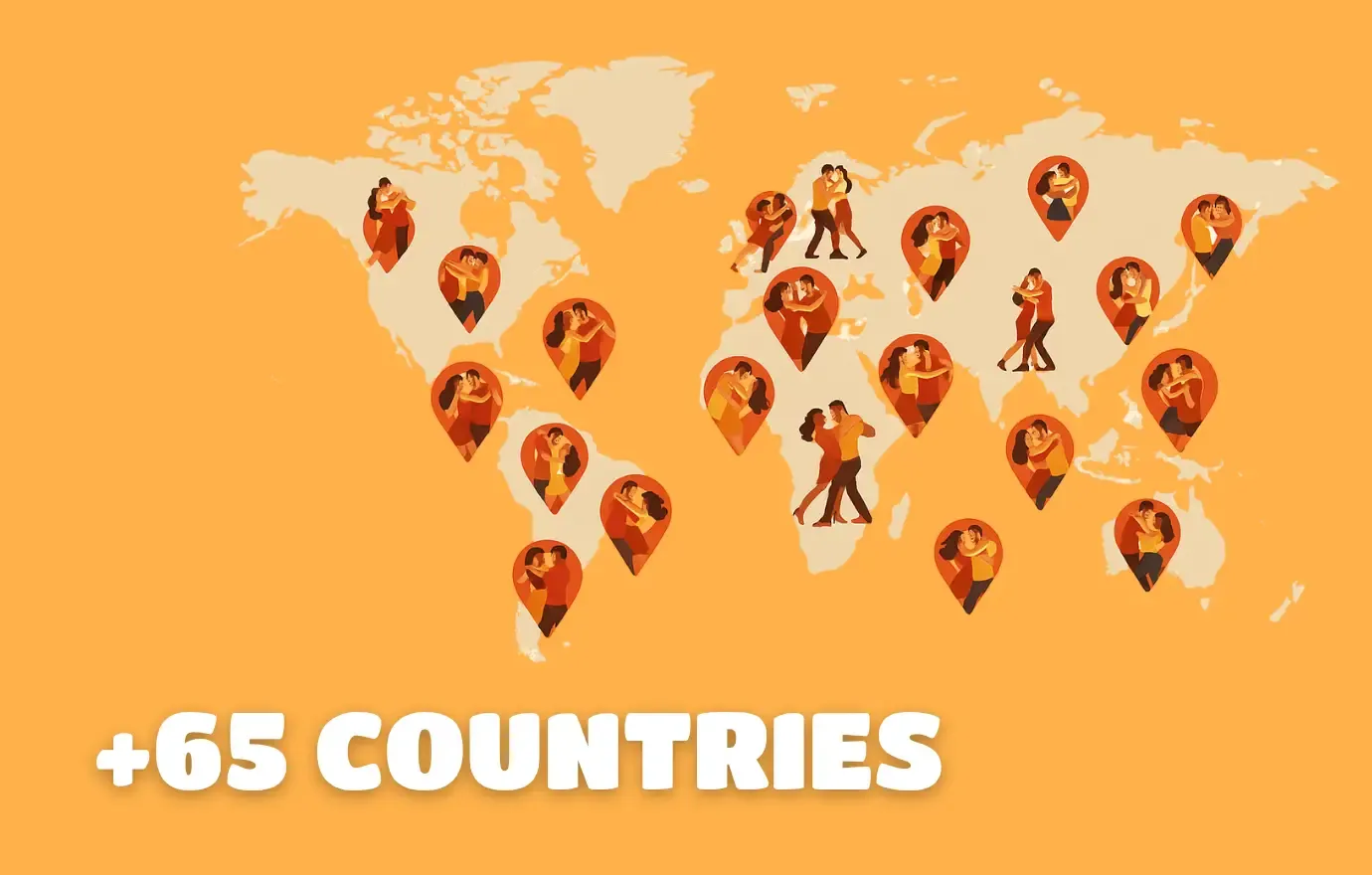 Mapa mundial con parejas bailando Zouk brasileño en más de 65 países