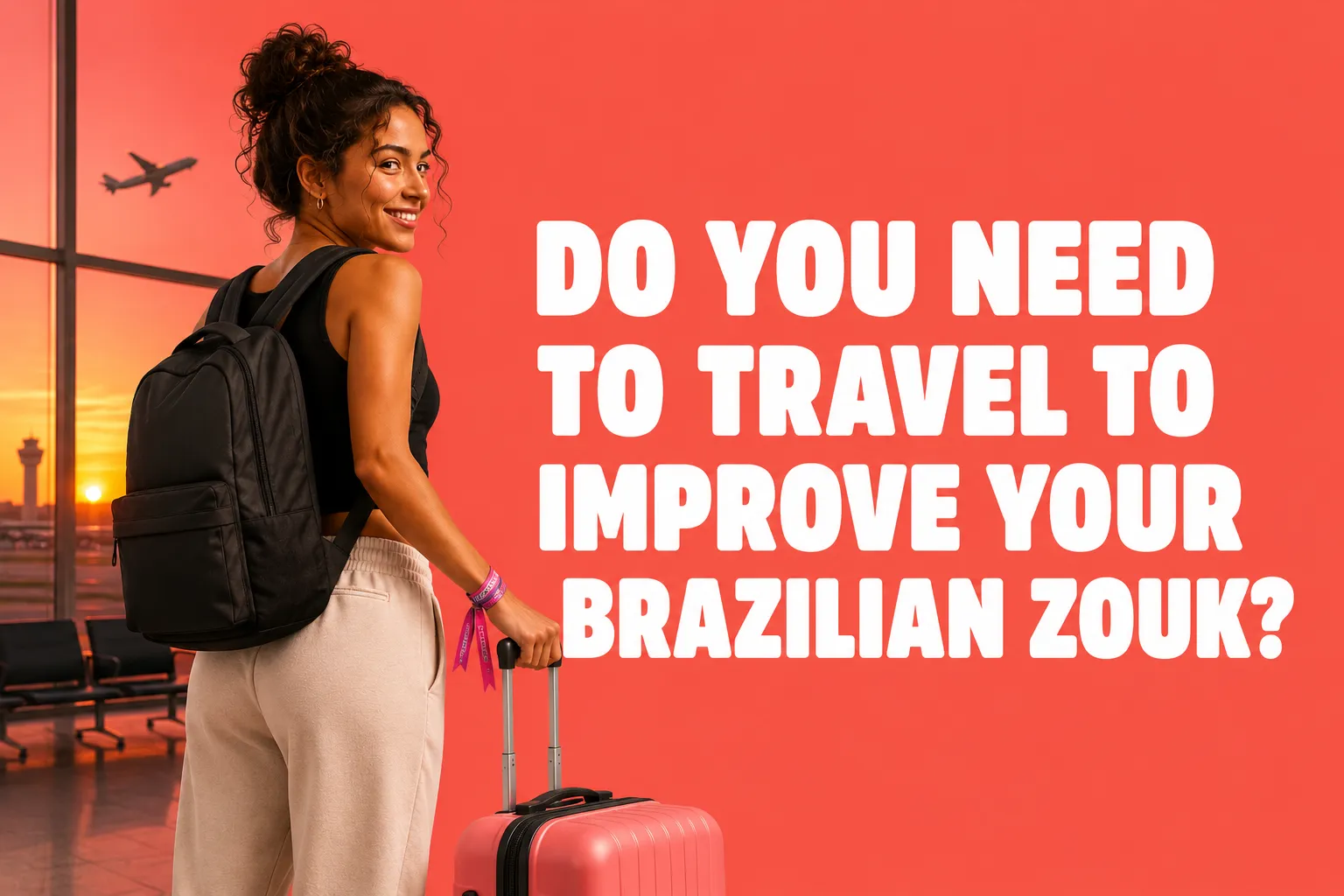 A Brazilian Zouk dancer at an airport with a backpack and suitcase beside the words Do You Need to Travel to Improve Your Brazilian Zouk?