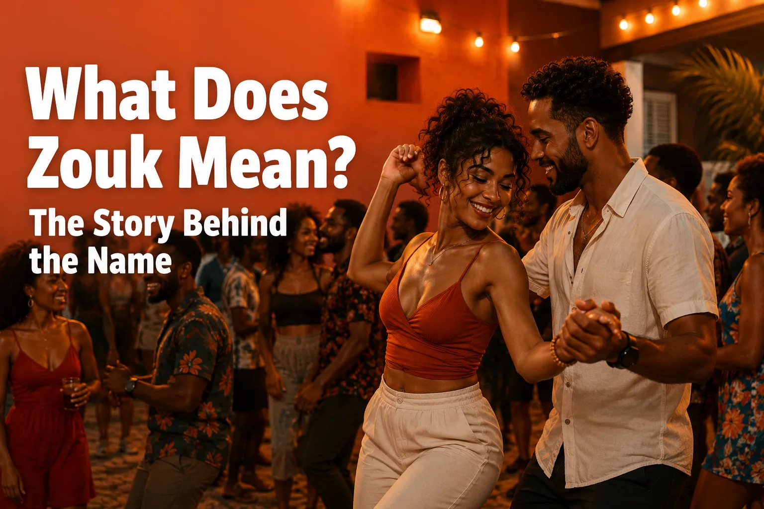 A couple dancing at a lively party beside the words “What Does Zouk Mean? The Story Behind the Name.”